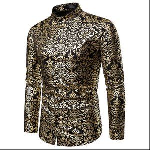 Men Luxury black gold Bronzing Printed Slim Long Sleeve Dress Shirt